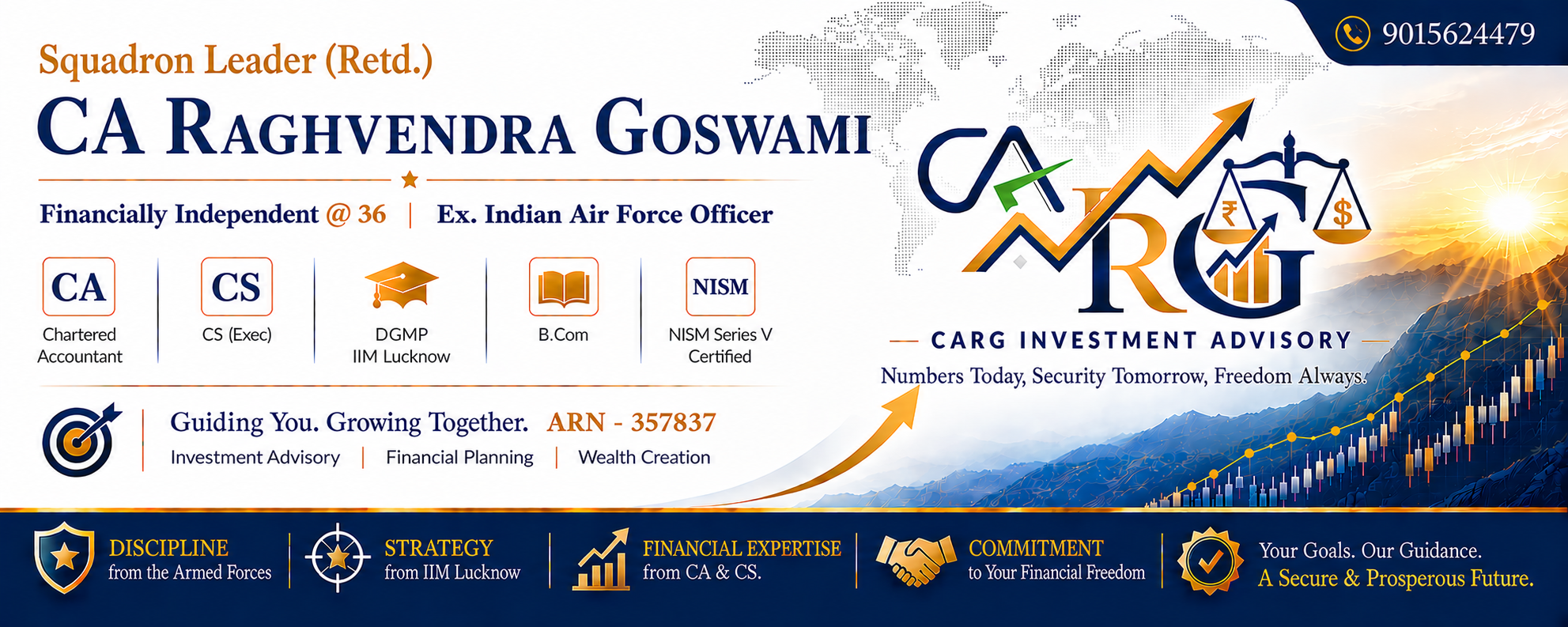 CA Raghvendra Goswami, Squadron Leader (Retd.), Ex. Indian Air Force Officer — CARG Investment Advisory. Qualifications: CA, CS (Exec), DGMP IIM Lucknow, B.Com, NISM Series V Certified. ARN - 357837.